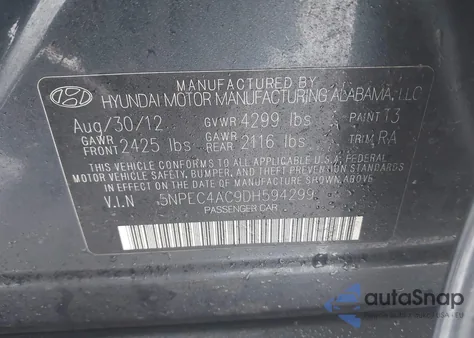 2013 Hyundai Sonata Se из США, поврежденный, VIN 5NPEC4AC9DH594299